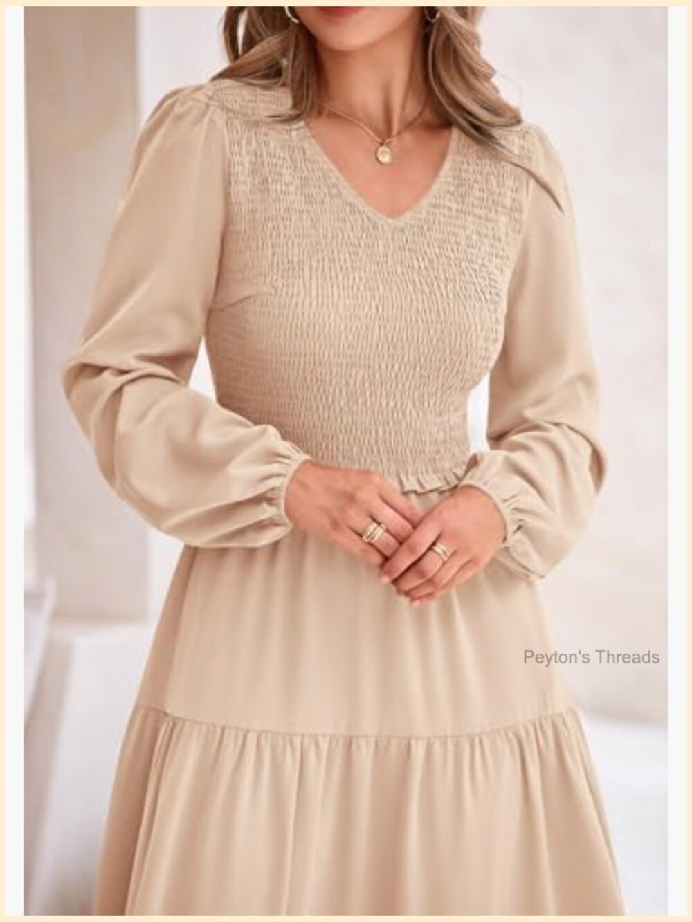 Fall Long Sleeve V Neck Smocked A Line Maxi Dress Wedding Guest - Picture 5 of 7
